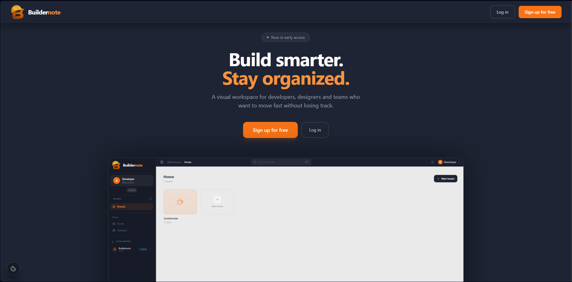 Buildernote landing page with workspace dashboard