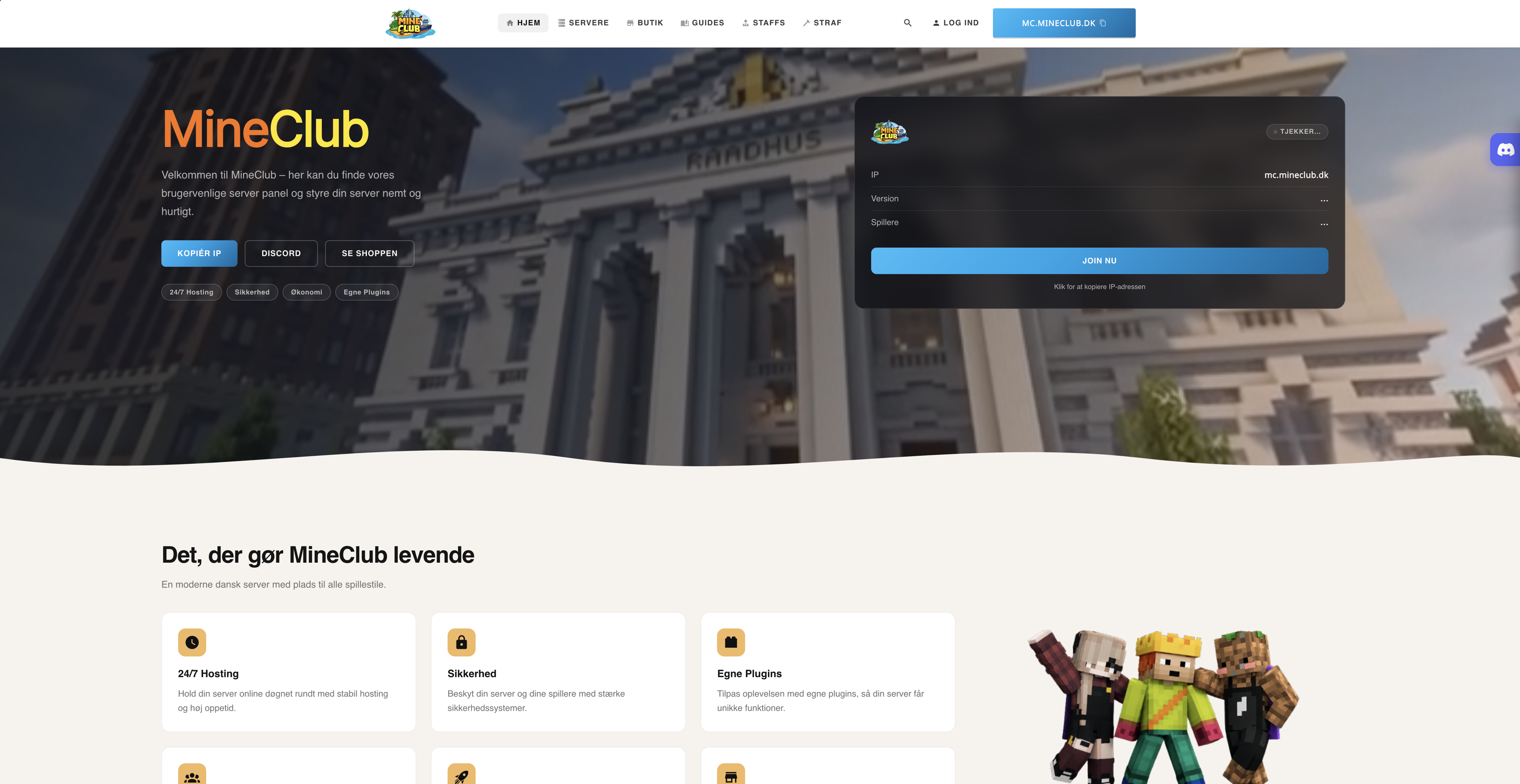 MineClub homepage with server panel and join widget