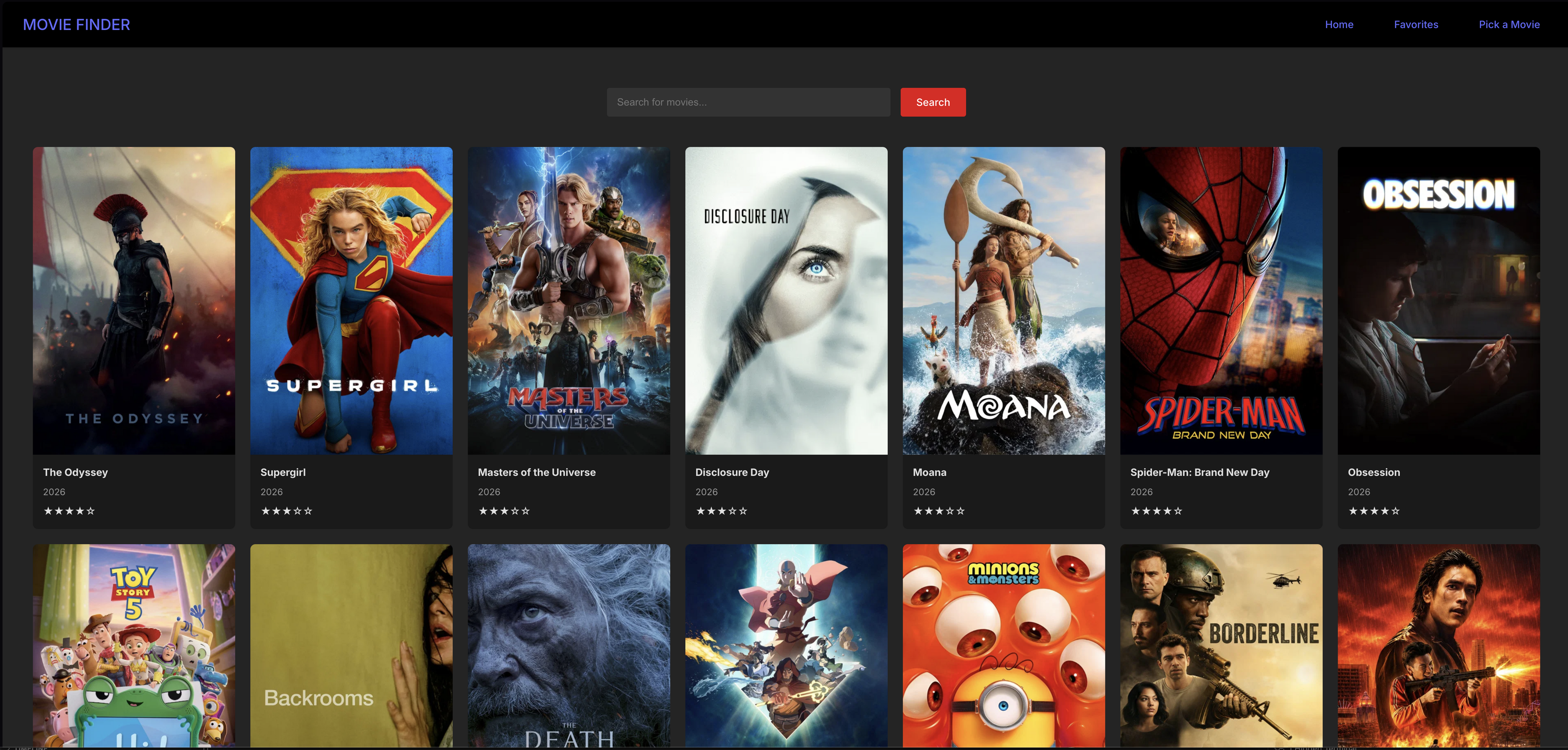 MovieFinder with a search field and a grid of movie posters