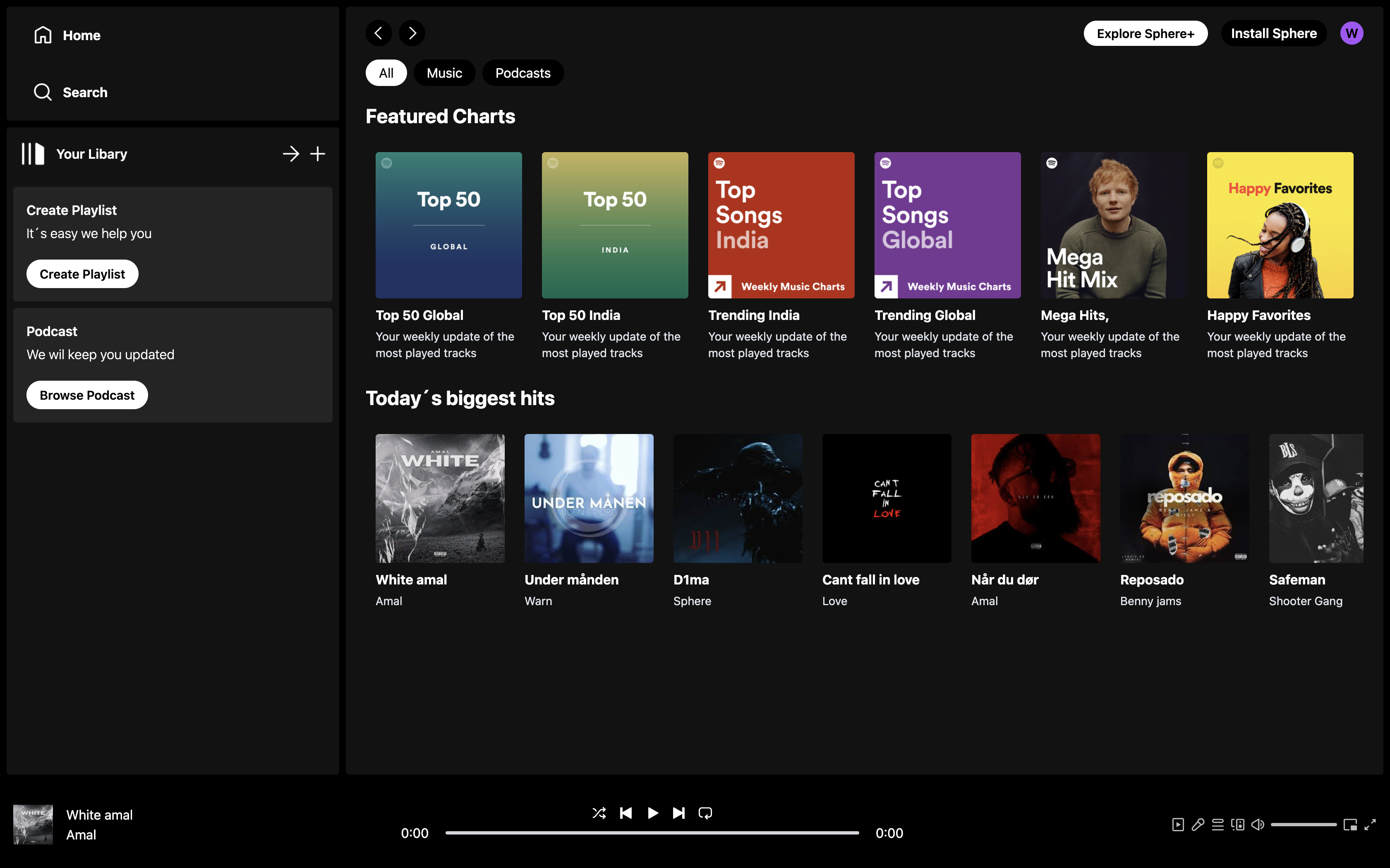 Sphere music streaming app with charts and player