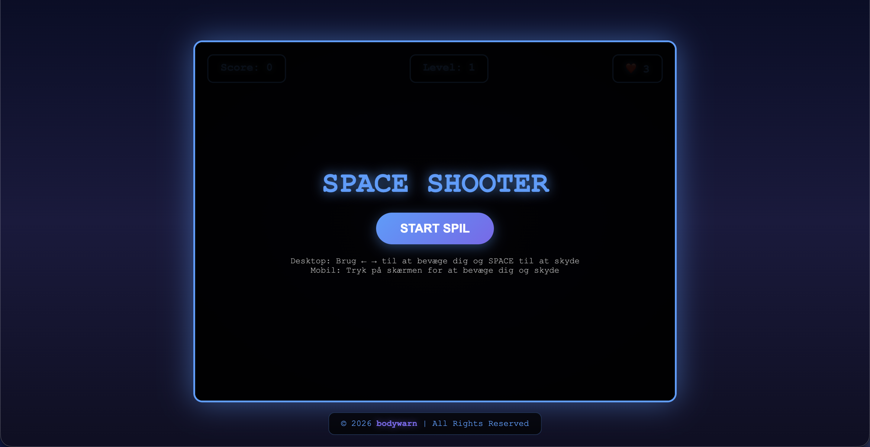 Space Shooter arcade game with neon start screen