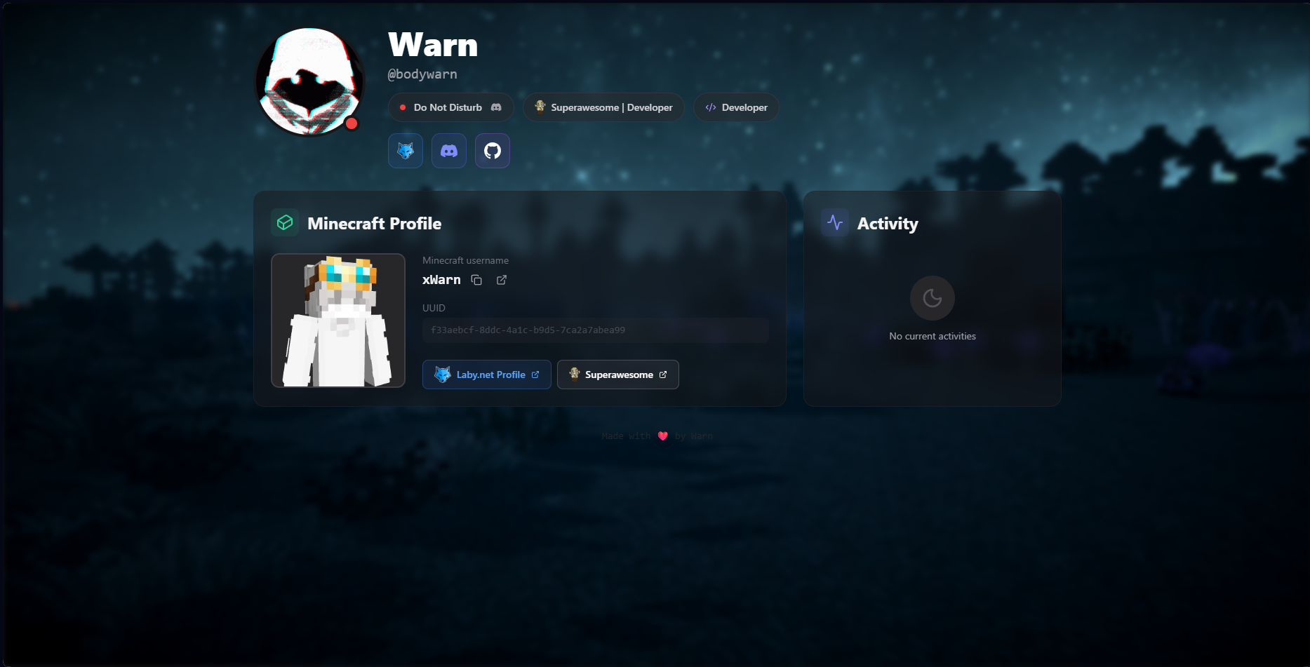 xWarn profile page with Minecraft and Discord integration