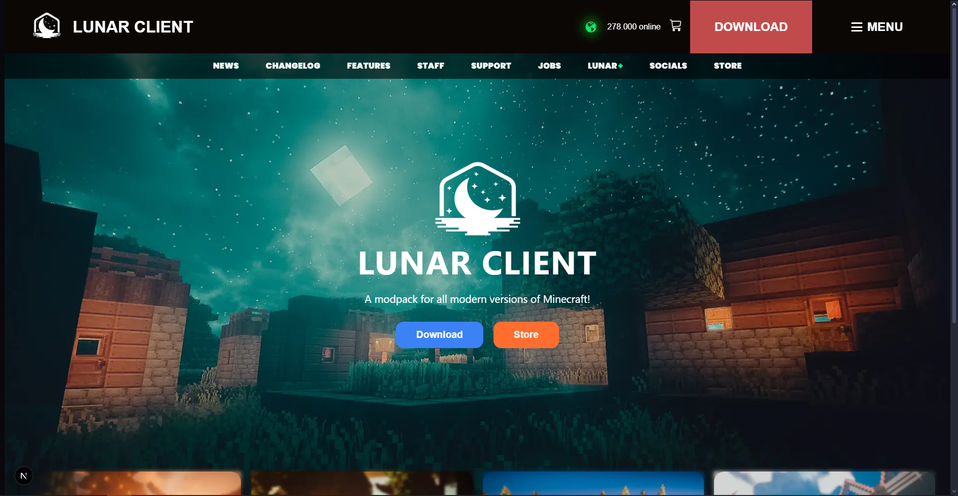 Lunar Client concept homepage with Minecraft night sky