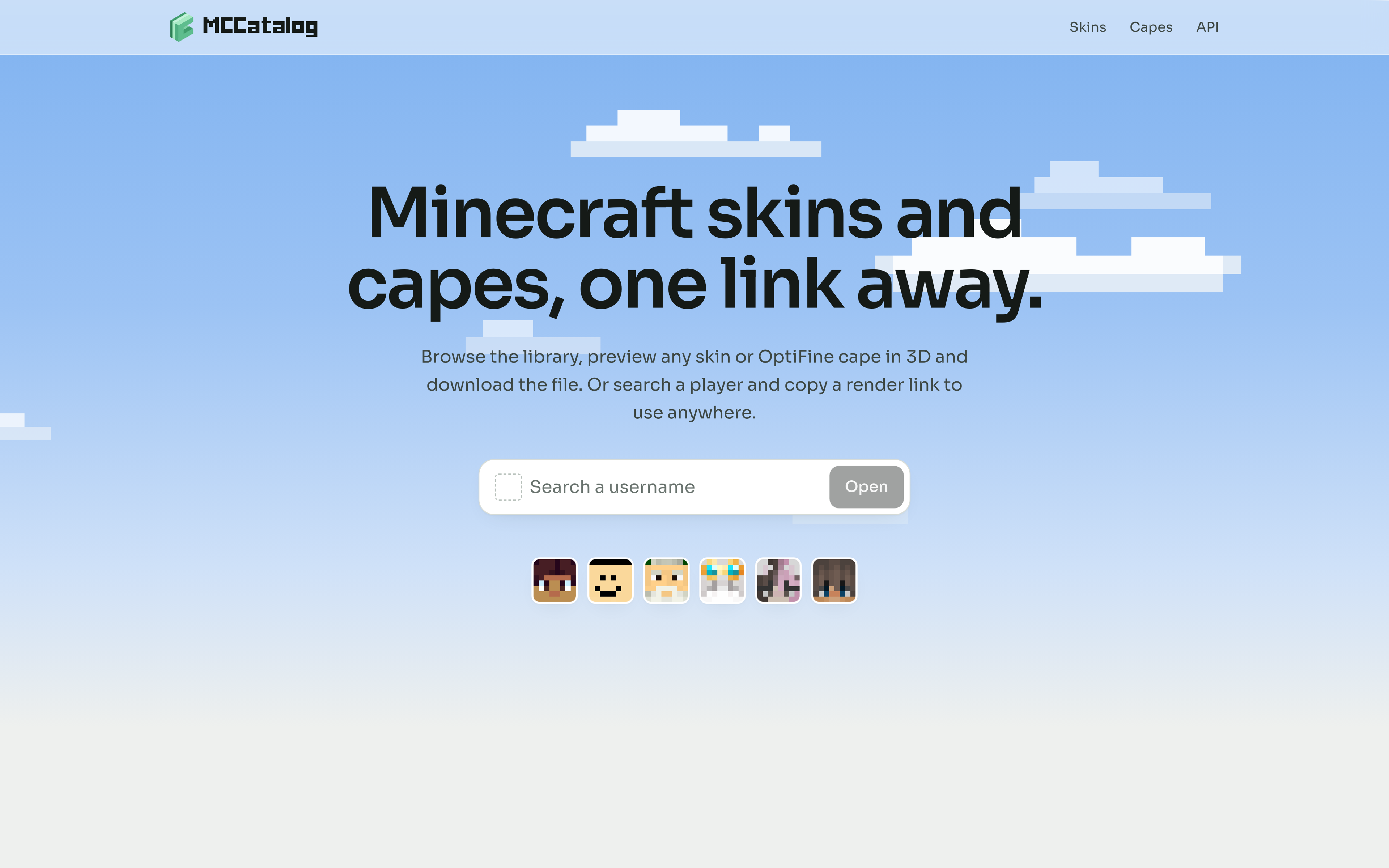 MCCatalog homepage with pixel sky and username search