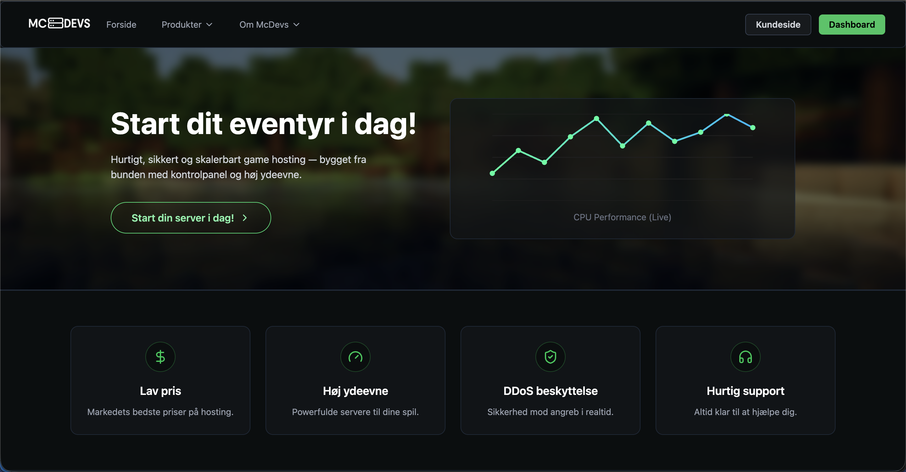 McDevs hosting homepage with live performance graph